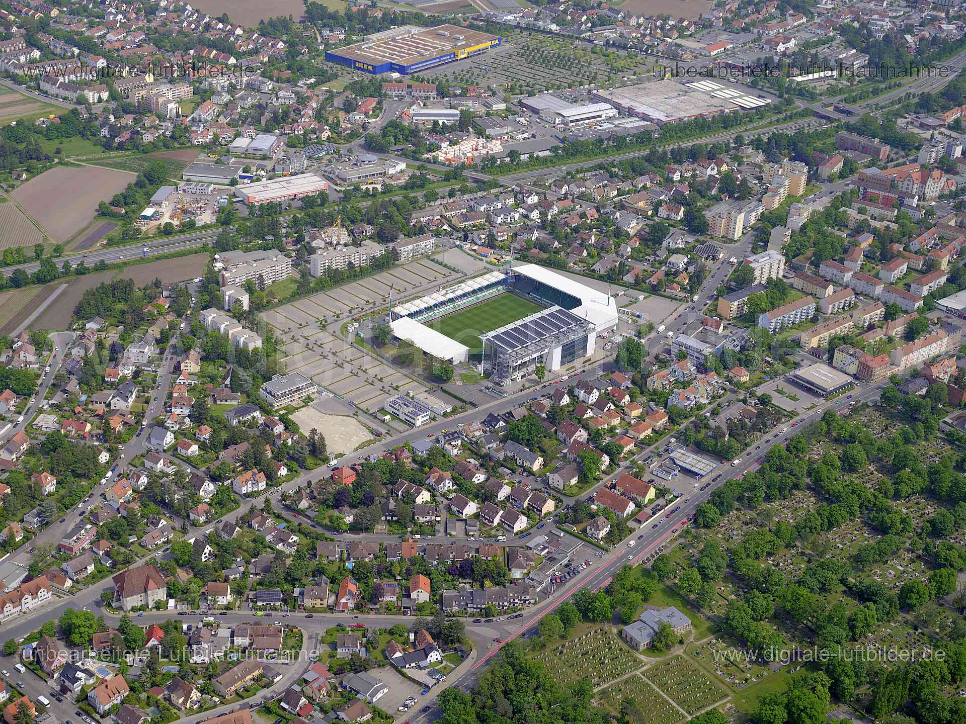 Luftbild - Ronhof, Ort: Fürth, Tags: Ronhof, Fussballstadion, Sportpark Ronhof, Frankenschnellweg, Autobahn, Autobahn A73,...