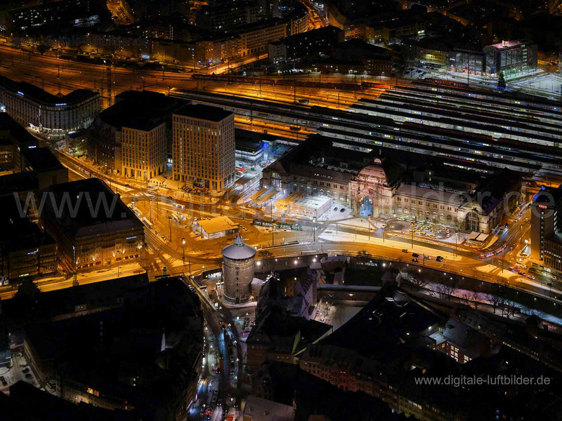 Luftaufnahme Hauptbahnhof bei Nacht in Nürnberg | Mittelfranken, Bayern