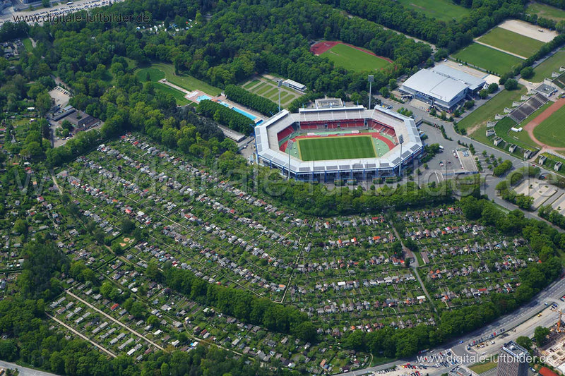 Luftaufnahme Schrebergärten am Fussballstadion in Nürnberg | Mittelfranken, Bayern